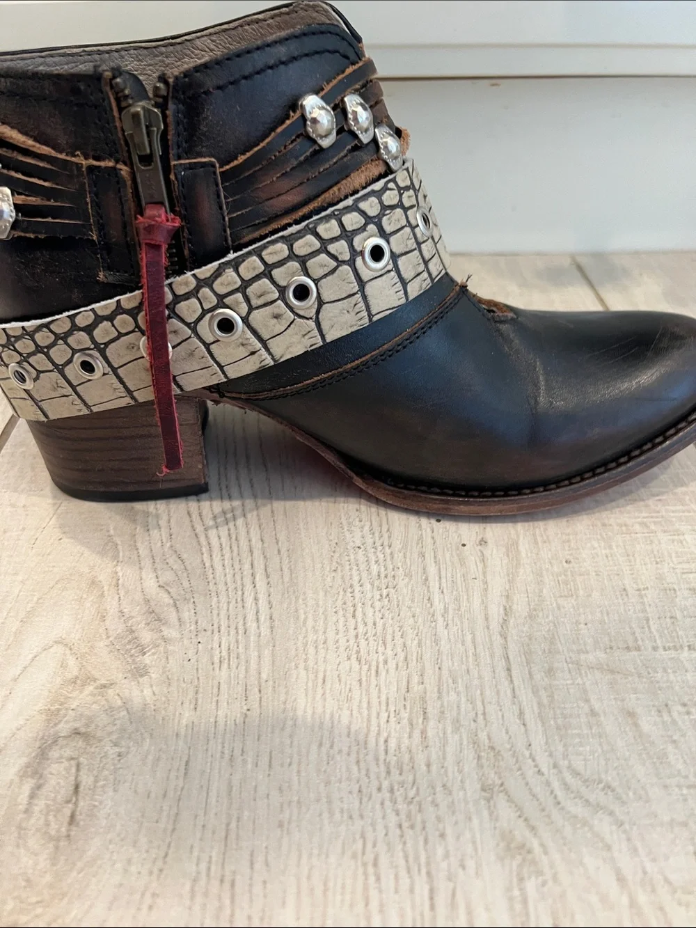Freebird saloon LeatherBelted Ankle Boots with Beige Croc-Effect Strap